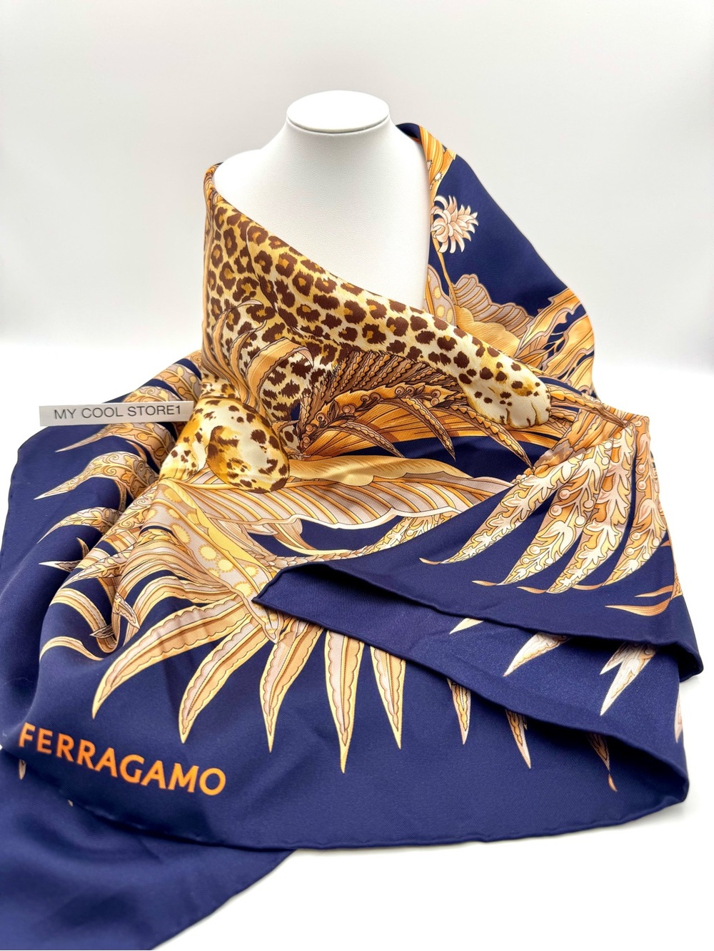 Salvatore Ferragamo Navy and Gold Leopard Print Silk Square Scarf
